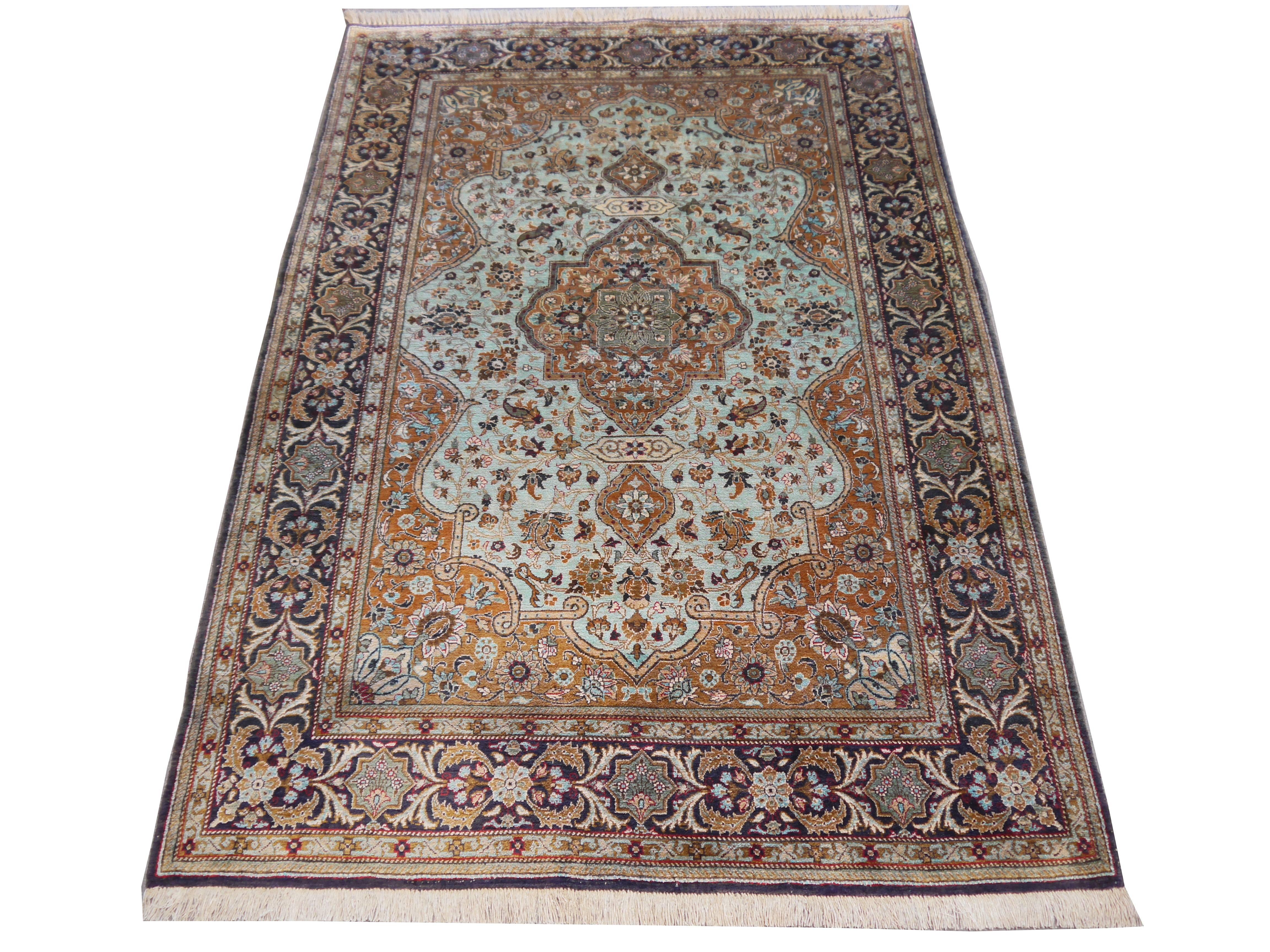 Qum is a city in central persia. It is world famous for it´s one of a kind pure silk rugs. This piece was made mid-20th century and decorated a wall since then. It is in 