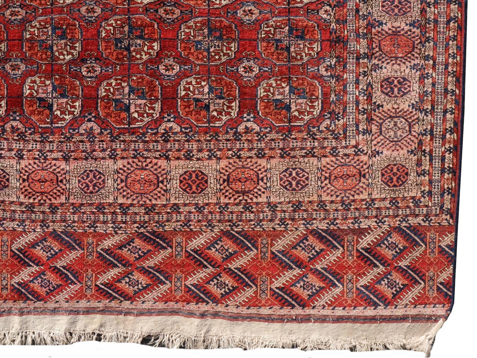 Hand-Knotted Antique Rug Turkman Tekke Bukhara Main Carpet Djoharian Collection For Sale