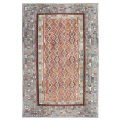 Palatial Oversized Hand-Woven Kilim Rug Blue and Terracotta Djoharian Collection