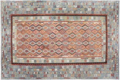 Palatial Oversized Hand-Woven Kilim Rug Blue and Terracotta Djoharian Collection