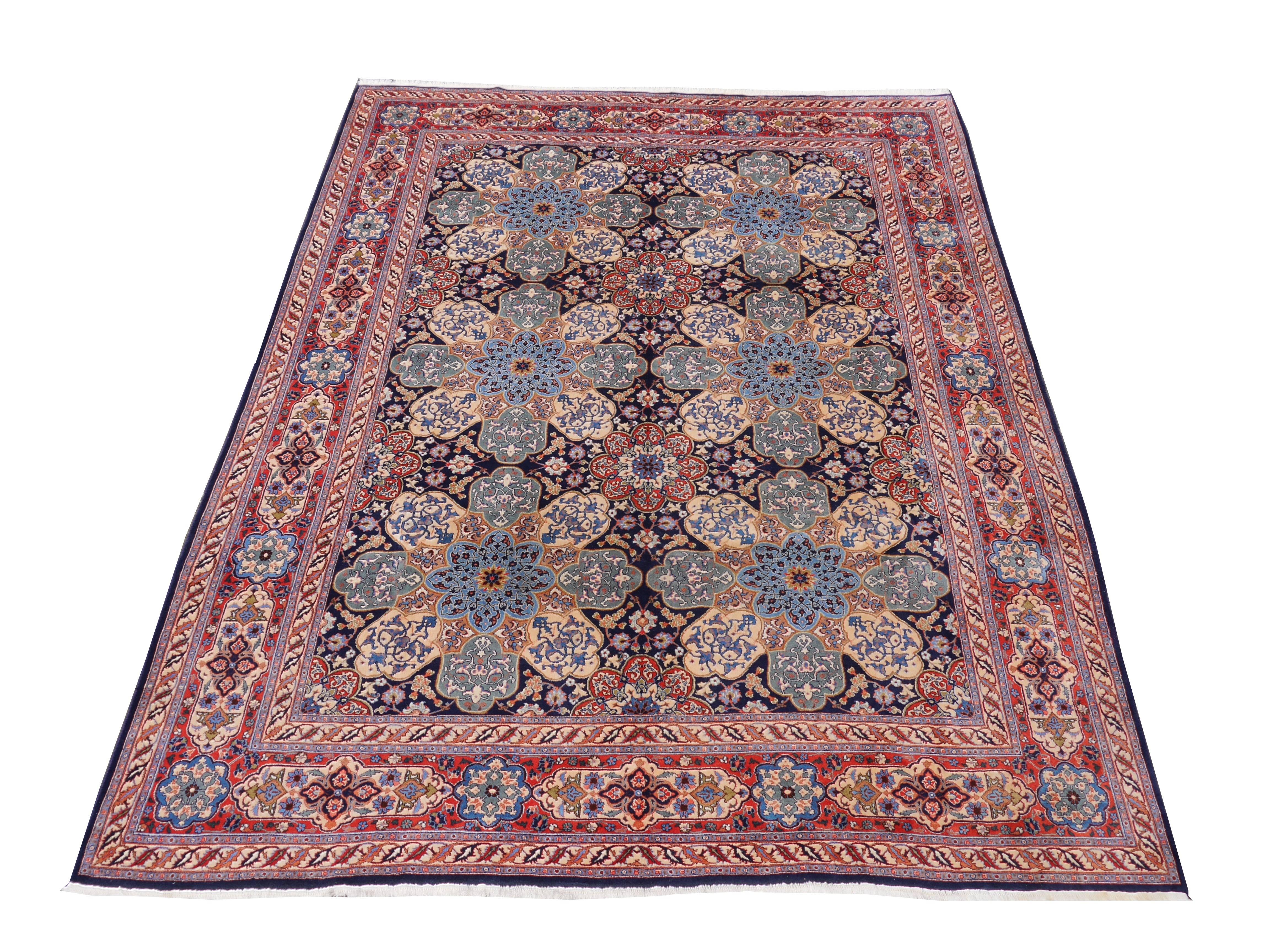Very beautiful and unusual Persian vintage rug Kerman Yazd. These rugs come from the South East of Persia, near the desert Lut (Dasht-e-Lut) wich is one of the hottest areas in Persia. This rug was hand-knotted by skilled artisians making a very