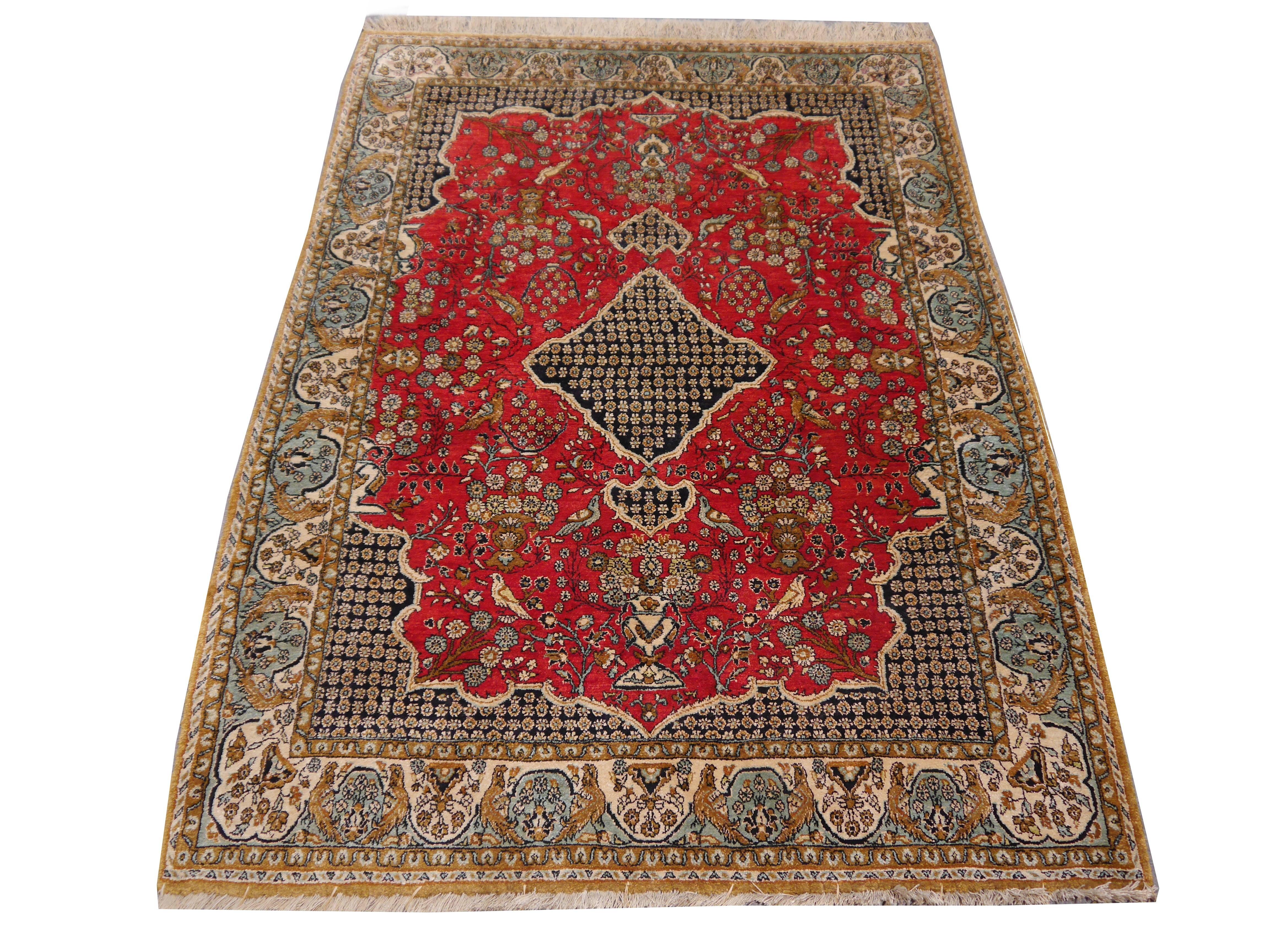 Vintage Persian rug Qum - all pure silk. Hand-knotted in central Persia, mid-20th century using organic dyes and handspun pure silk.