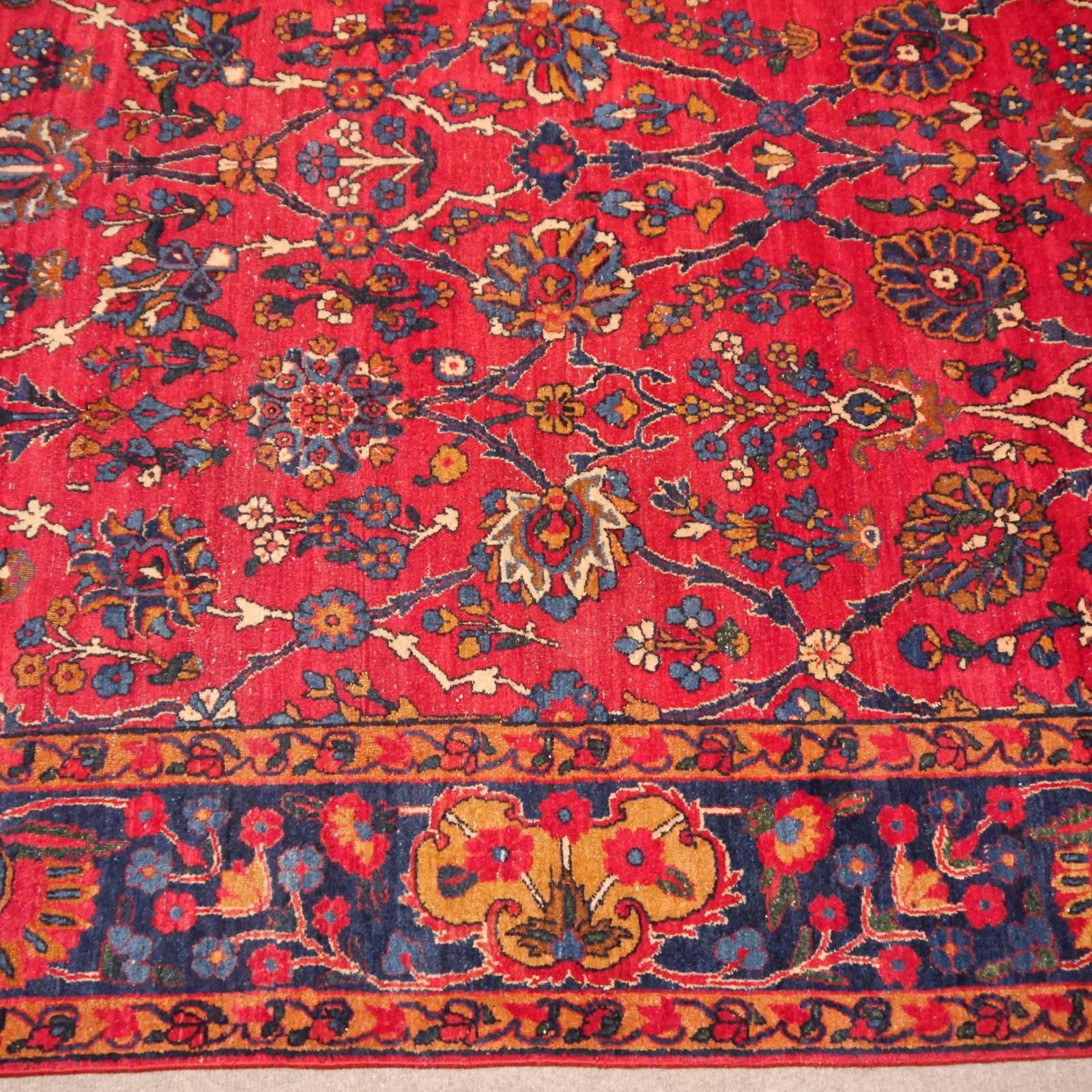 Wool Antique Indian Agra Rug hand knotted red blue gold For Sale