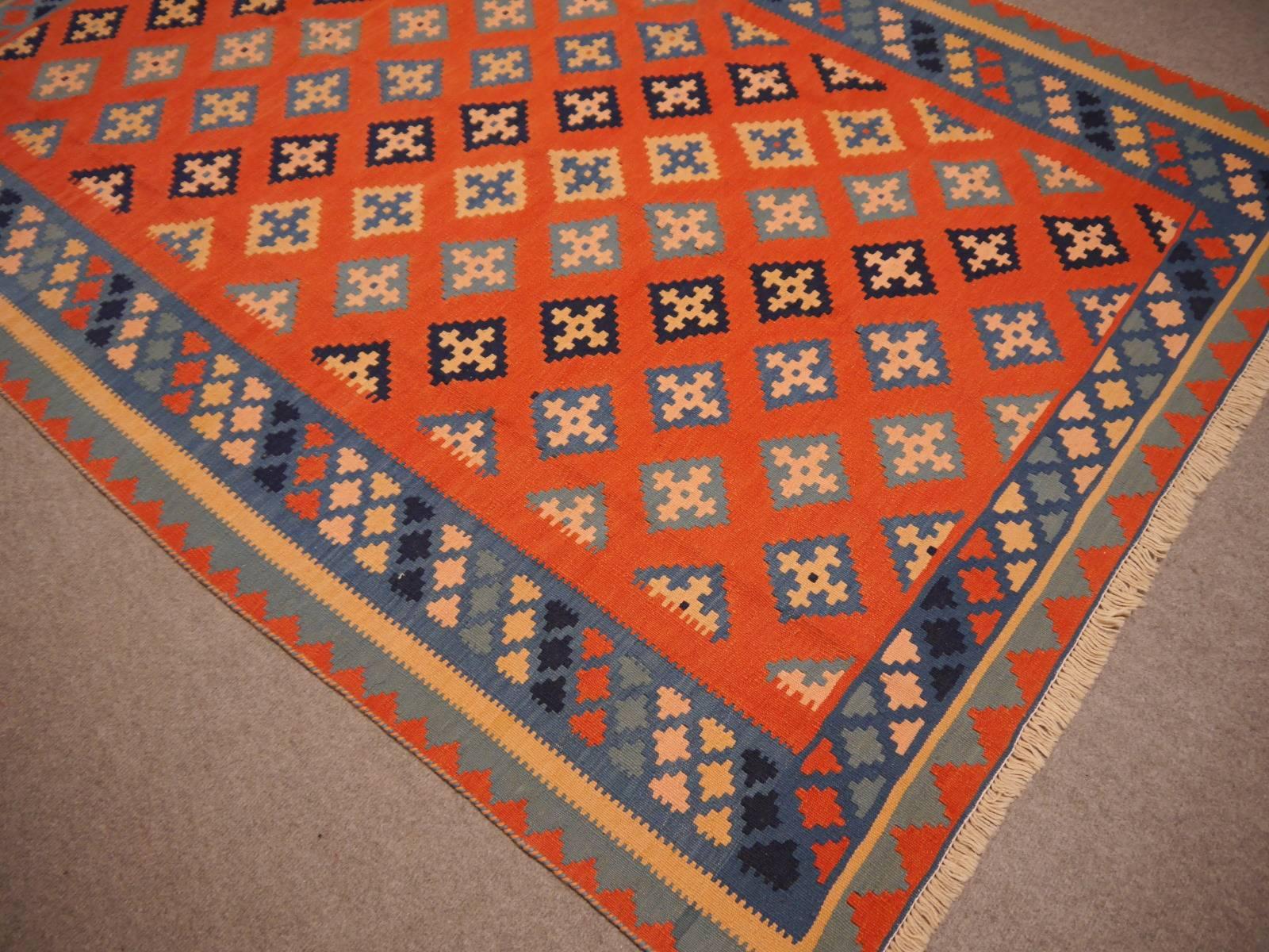 Hand-Woven Persian Rug Kilim Handwoven with Natural Dyed Organic Wool, Vintage
