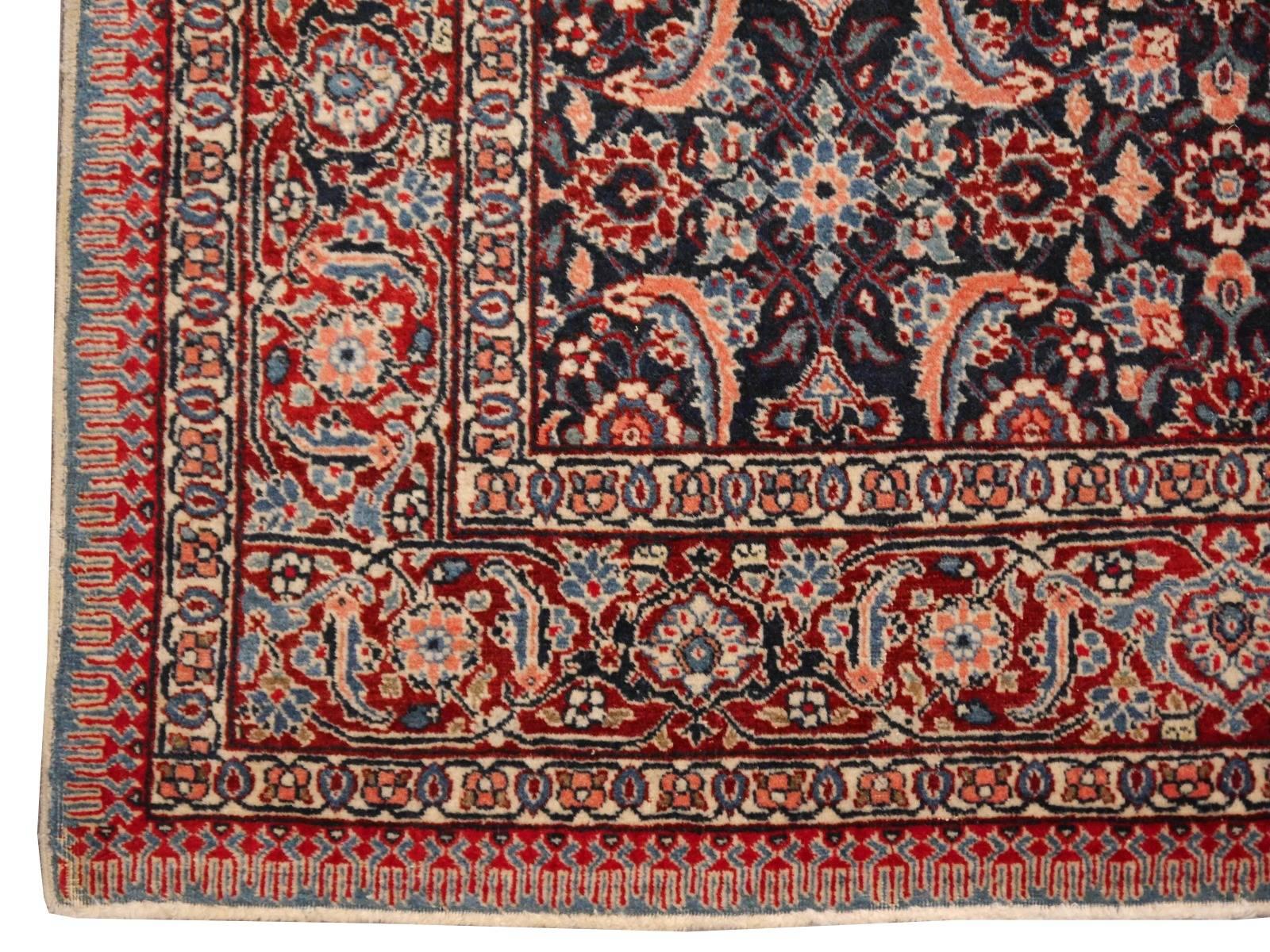 Tabriz Antique Rug Mahi Design Haji Style Blue and Red Allover For Sale
