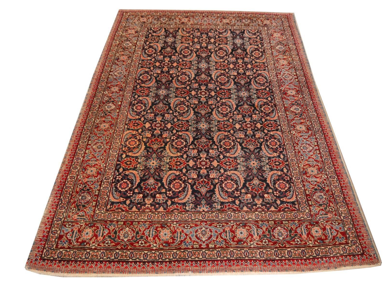 Antique Rug Mahi Design Haji Style Blue and Red Allover For Sale 1