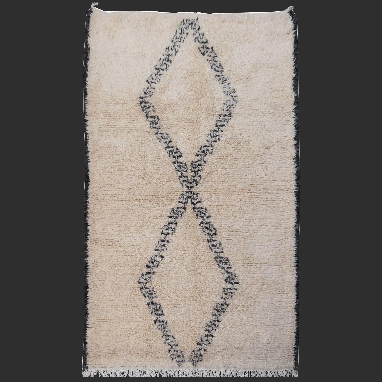 Moroccan North African Beni Ourain Tribal Rug Wool White and Black Two Diamond Design