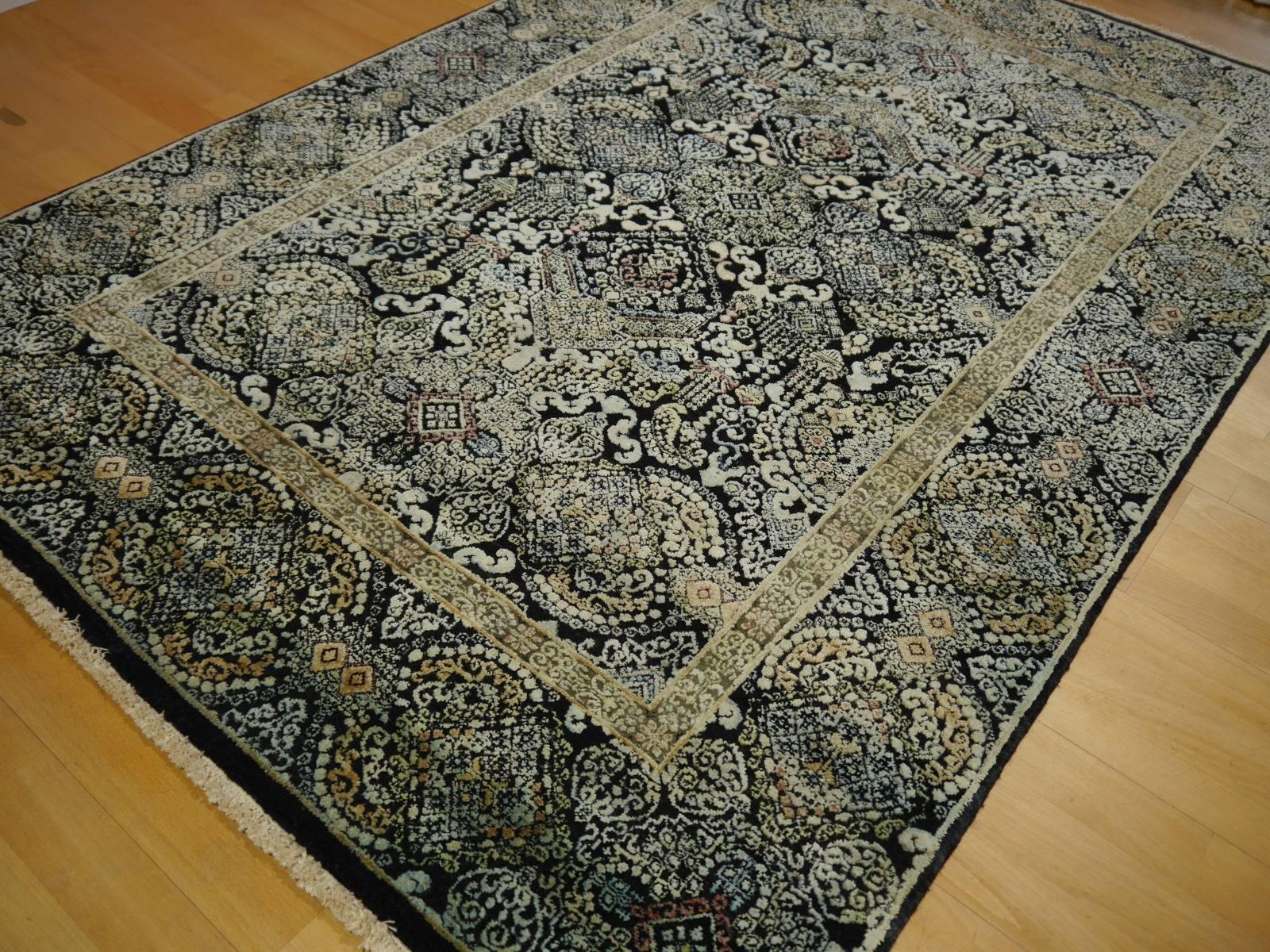 Kohinoor Hand-Knotted Wool and Silk Rug from India Black Gold Green  (Handgeknüpft)