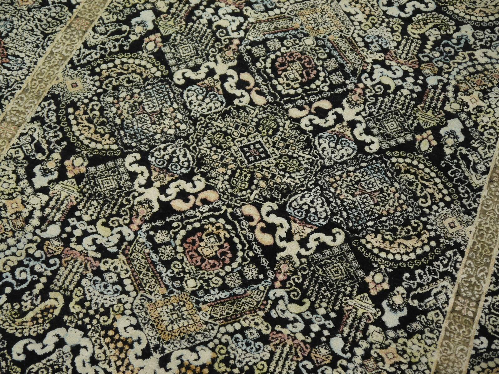 Indian Kohinoor Hand-Knotted Wool and Silk Rug from India Black Gold Green 