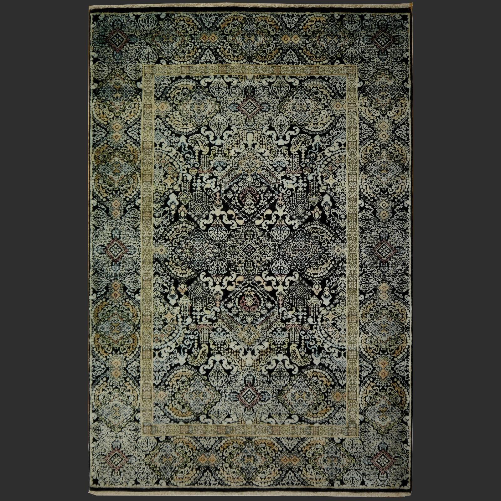 Contemporary Kohinoor Hand-Knotted Wool and Silk Rug from India Black Gold Green 