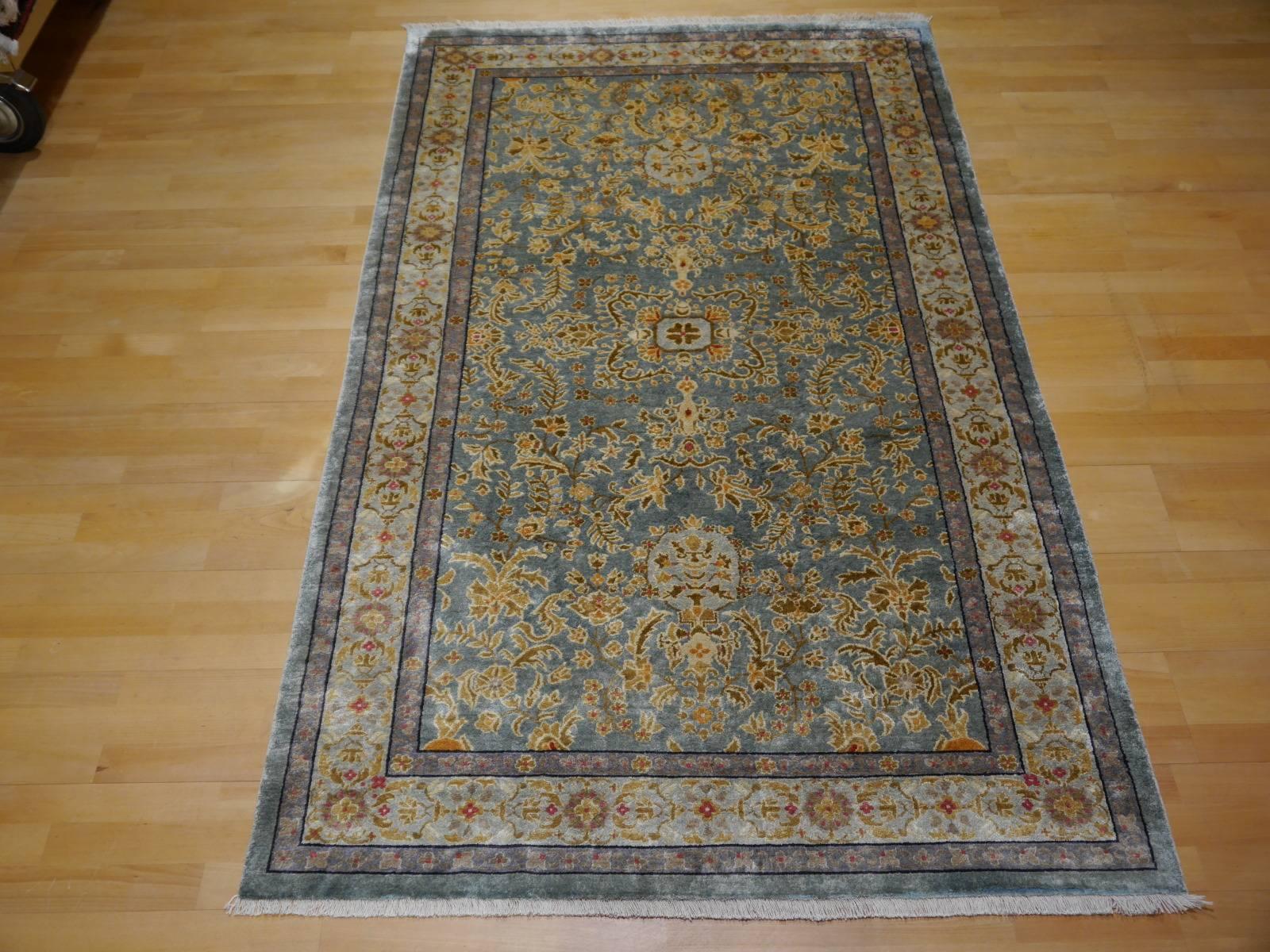 This is a very lovely oriental rug made in eastern region of Turkestan / Chinese border area. it is a so called Khotan carpet. These rugs have a fine hand-knotted structure, usually made of wool on a cotton foundation. This rare example is all pure