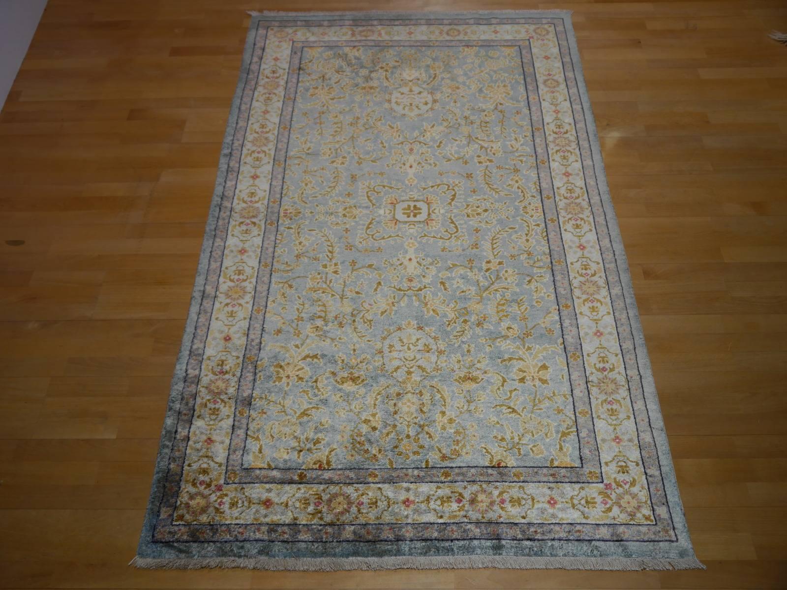 Central Asian Samarkand Khotan Silk Rug Semi Antique Chinese Carpet Light Blue East Turkestan