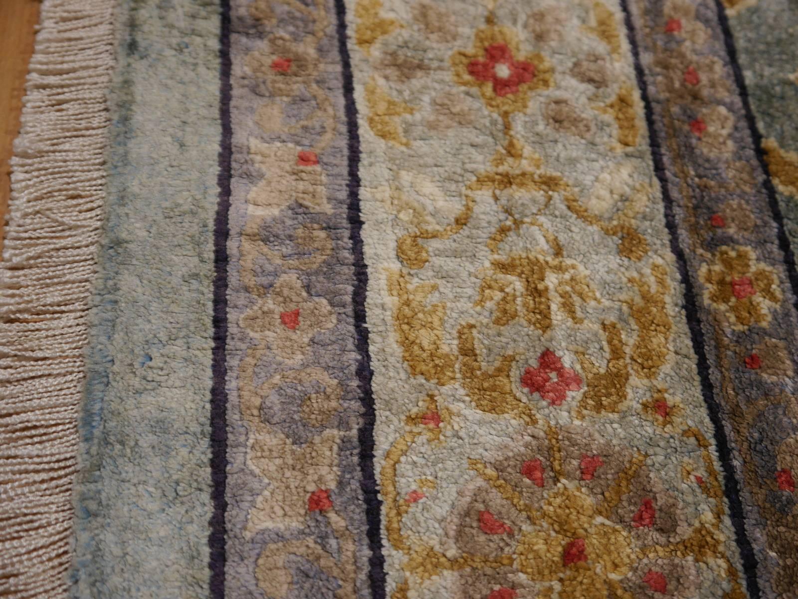 Samarkand Khotan Silk Rug Semi Antique Chinese Carpet Light Blue East Turkestan 3