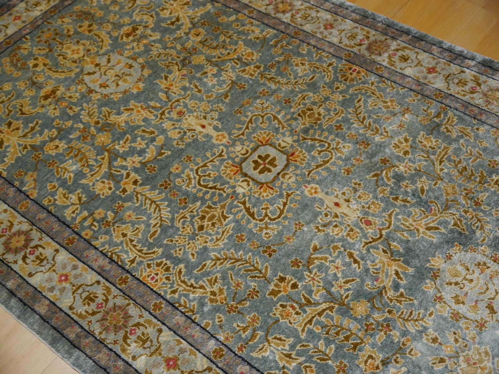 Samarkand Khotan Silk Rug Semi Antique Chinese Carpet Light Blue East Turkestan 4