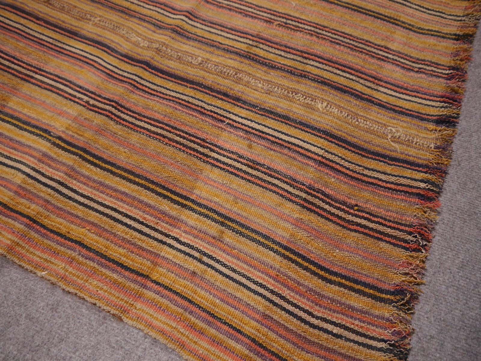 Hand-Woven Antique Jajim Striped Banded Kilim Rug Blanket For Sale