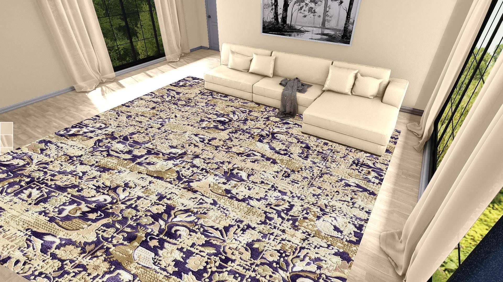 A beautiful oversized contemporary design carpet, hand-knotted using finest Chinese mulberry silk. On a blue field, the design of peacocks standing next to each other executed in beige and mud tones. The blue background color is lower in pile, the