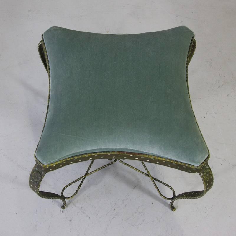 Stool, designed by Luigi Colli, 1950s. Embossed metal frame with green velvet cover, newly upholstered.
 