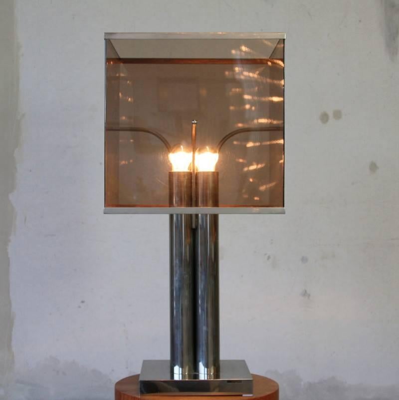 Table lamp with metal structure and square tinted acrylic lamp shade, France, 1970s.
