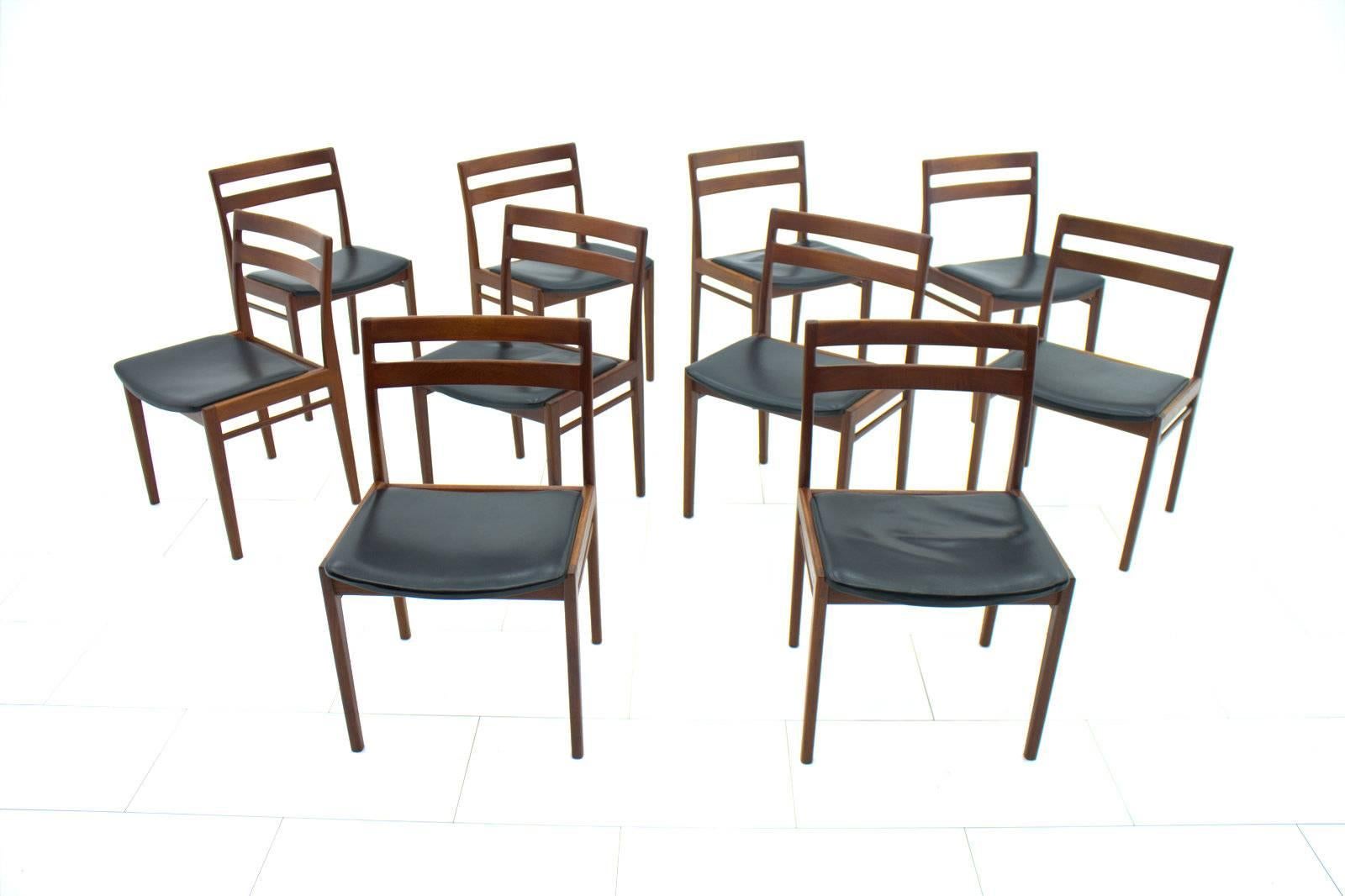 Mid-20th Century Set of Ten Danish Teak and Leather Dining Chairs by Rosengren Hansen, 1960s For Sale