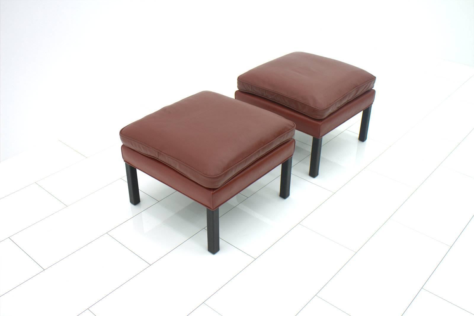 Set of two leather stools by Børge Mogensen, Denmark.
Very good condition.

Details:

Creator: Børge Mogensen (Designer),Fredericia (Maker)
Period: 1977
Color: red
Style: Scandinavian Modern
Place of Origin: Denmark
Dimensions: Height: 17.33 in. (44
