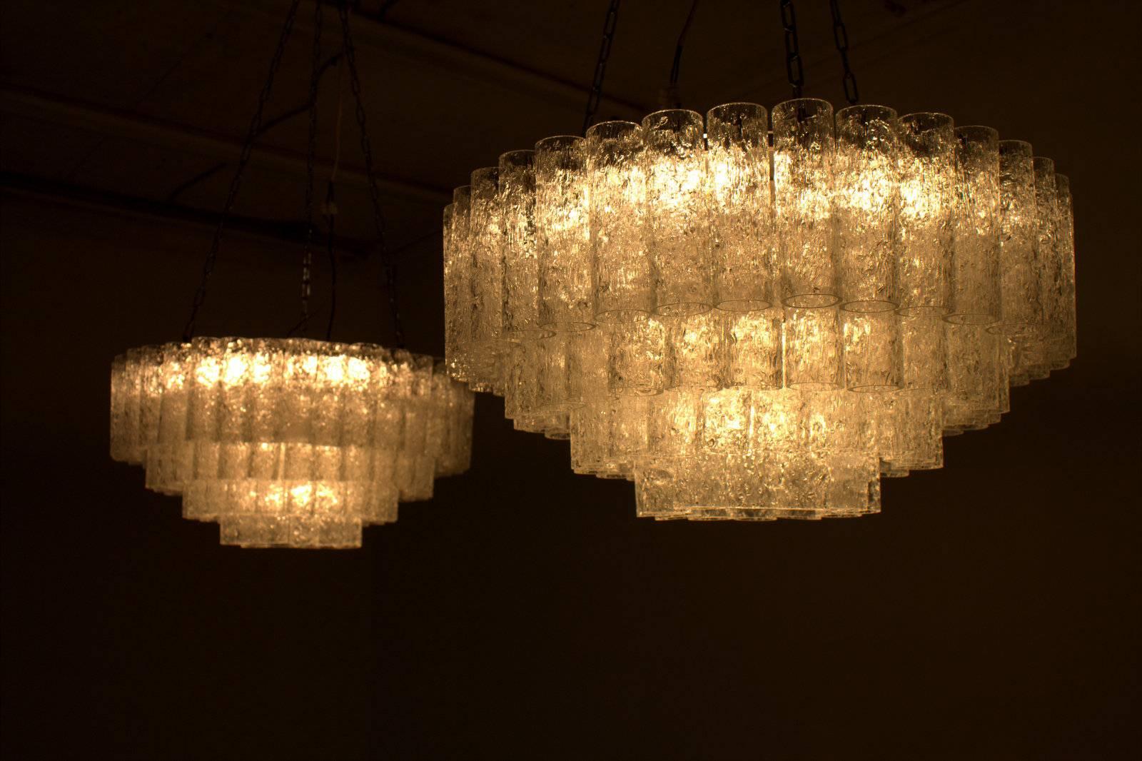 Pair of large Doria ice glass flush mount chandelier, Germany, 1960s.

Worldwide shipping.