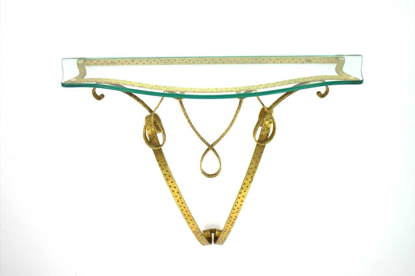 Mid-Century Modern Wall Console Table by Pier Luigi Colli, Brass and Glass, Italy, 1950s