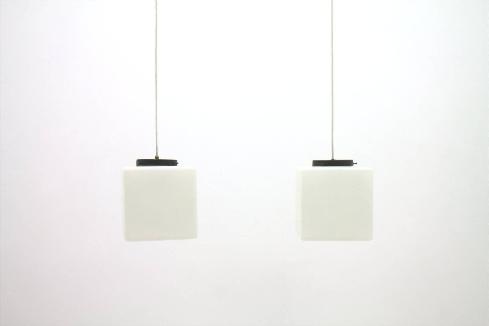 Metal One of two of Milk Glass Cube Pendants attributed to Stilnovo, Italy, 1965 For Sale