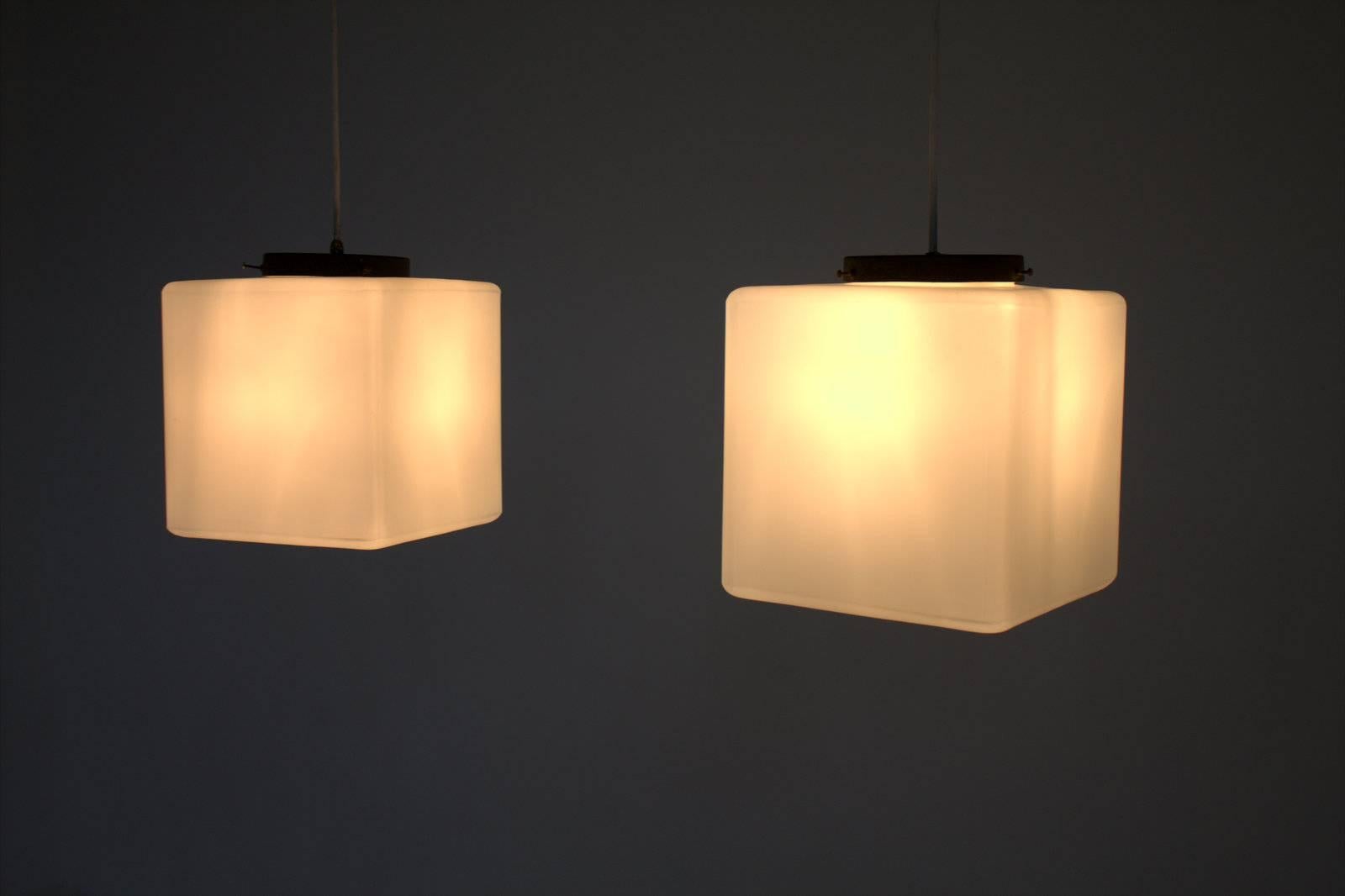 Mid-Century Modern One of two of Milk Glass Cube Pendants attributed to Stilnovo, Italy, 1965 For Sale