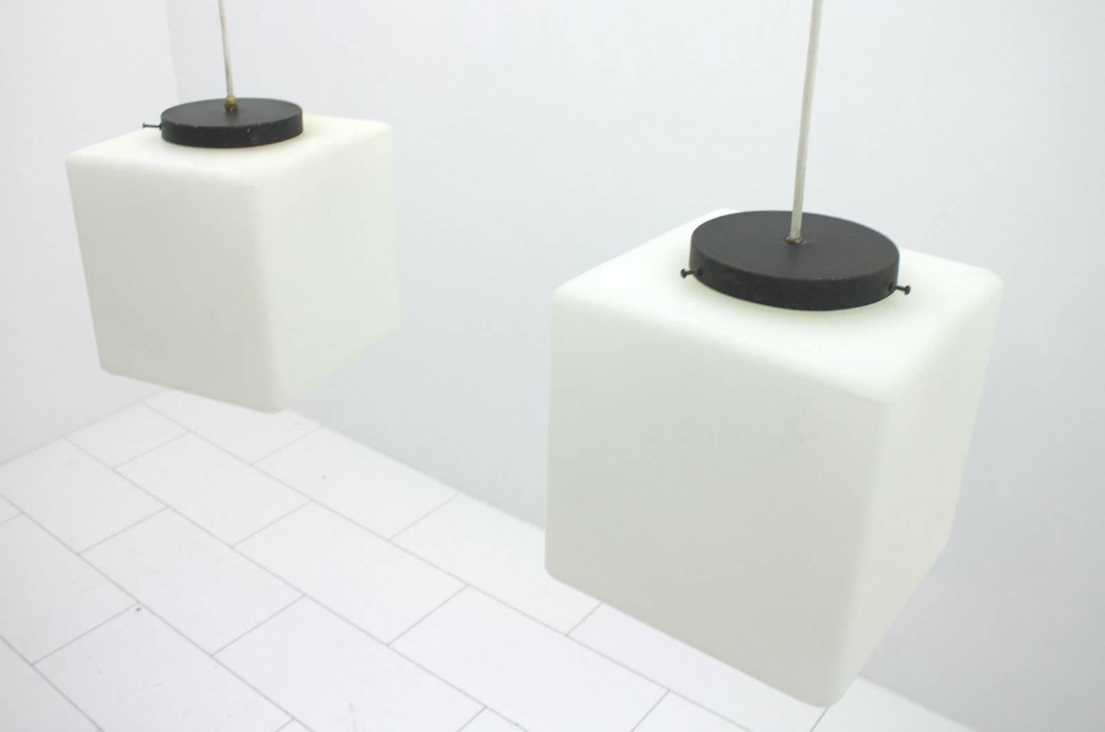Mid-20th Century One of two of Milk Glass Cube Pendants attributed to Stilnovo, Italy, 1965 For Sale