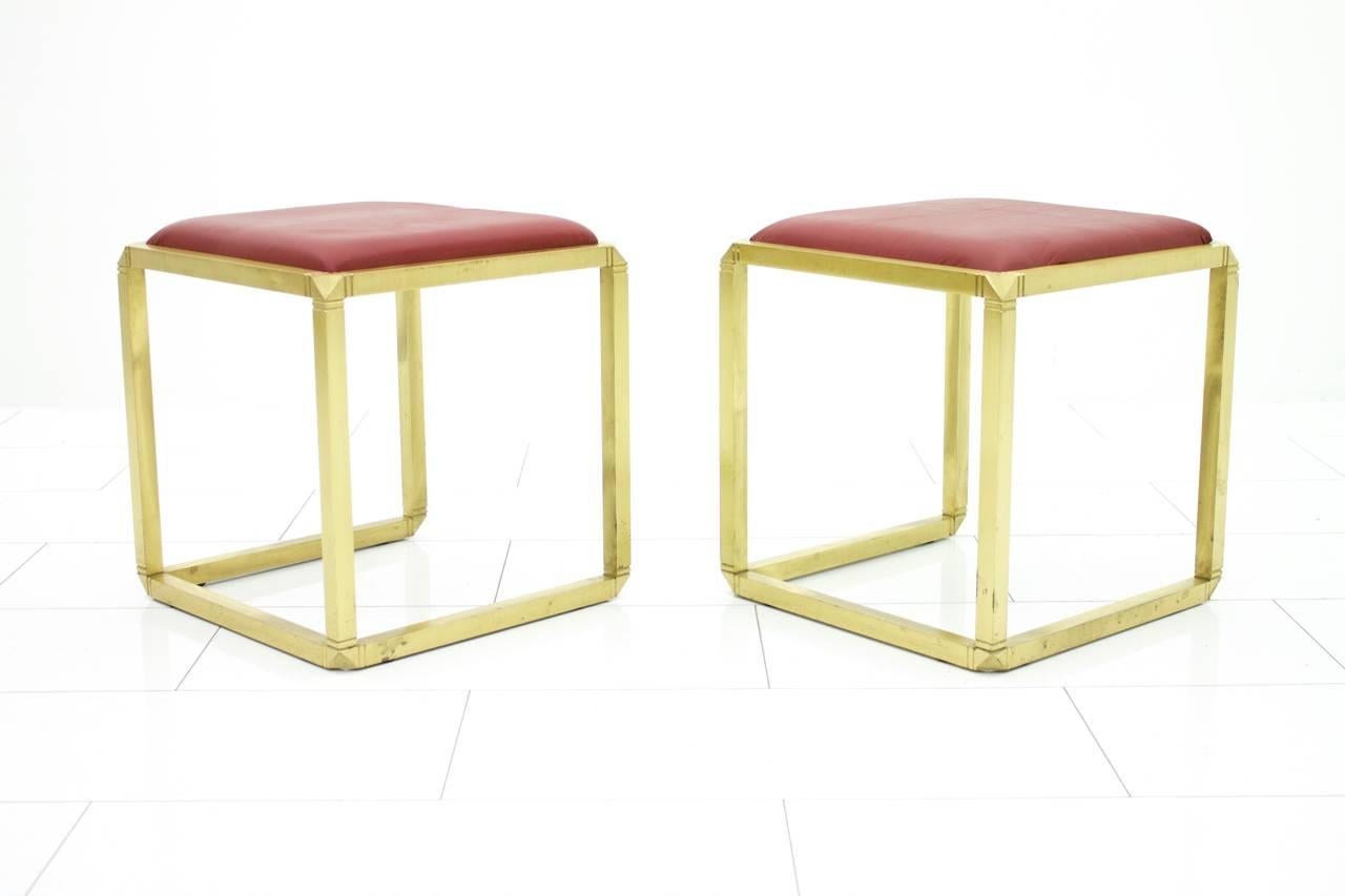 Mid-Century Modern Pair of Rare Stools by Marzio Cecchi, Italy 1970s, Brass and Leather