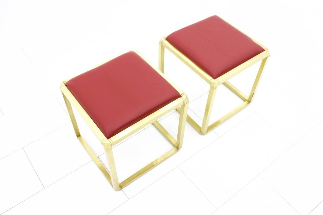 Italian Pair of Rare Stools by Marzio Cecchi, Italy 1970s, Brass and Leather