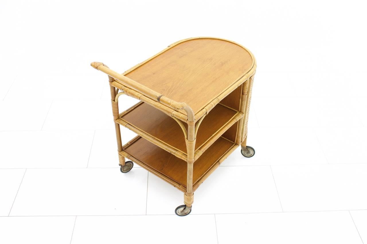 Mid-Century Modern Bamboo and Cane Bar Trolley, Germany, 1950s For Sale