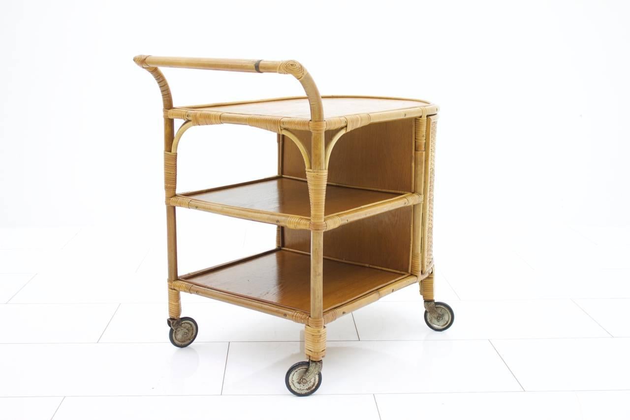 Mid-20th Century Bamboo and Cane Bar Trolley, Germany, 1950s For Sale