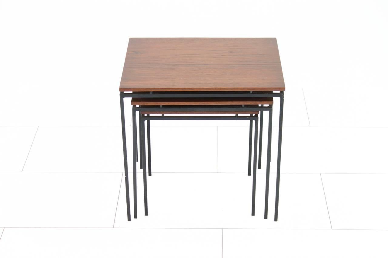 Mid-20th Century Minimalist Nesting Tables in Solid Iron and Teak Wood, circa 1950s
