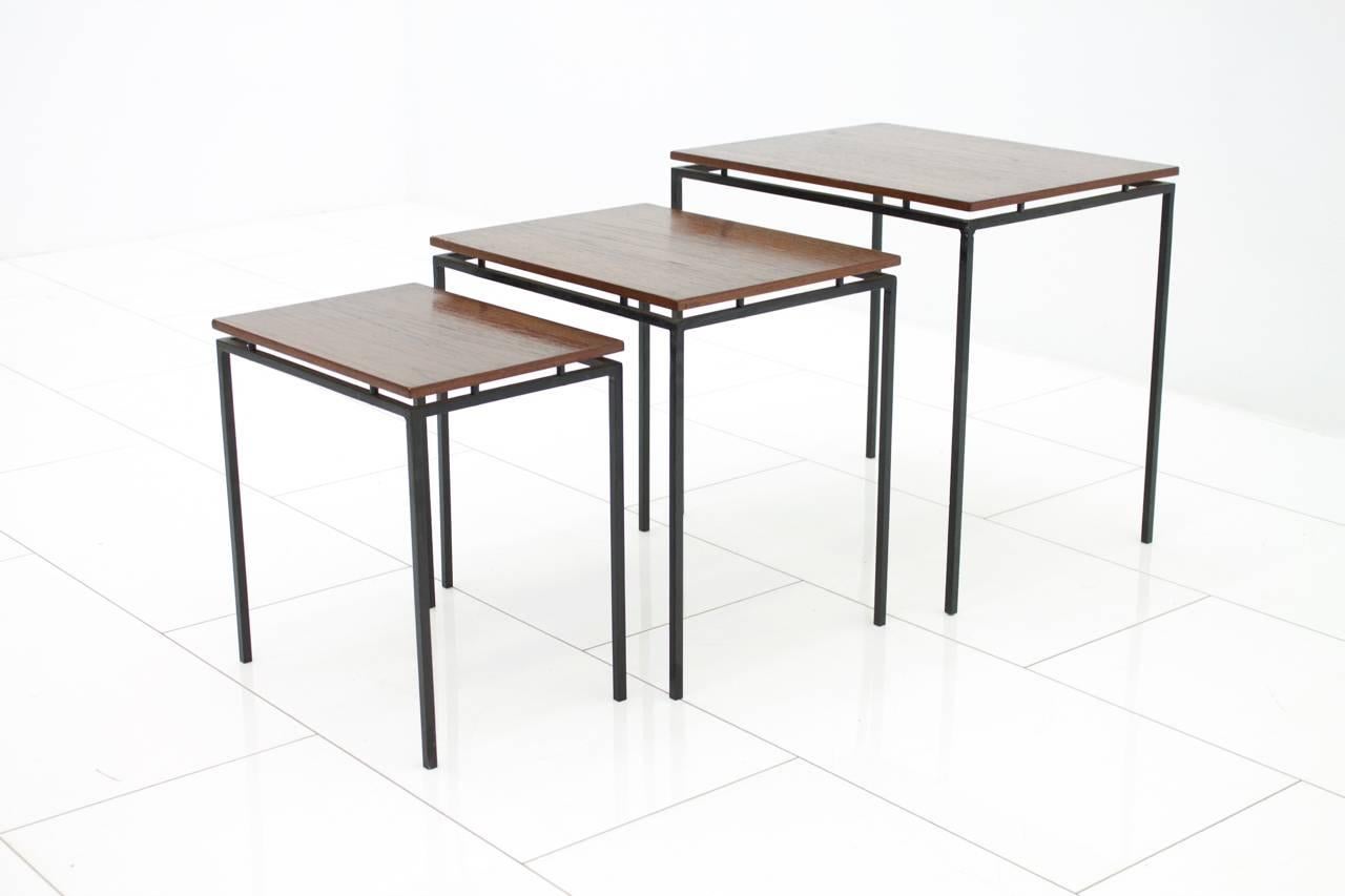 Minimalist Nesting Tables in Solid Iron and Teak Wood, circa 1950s 1