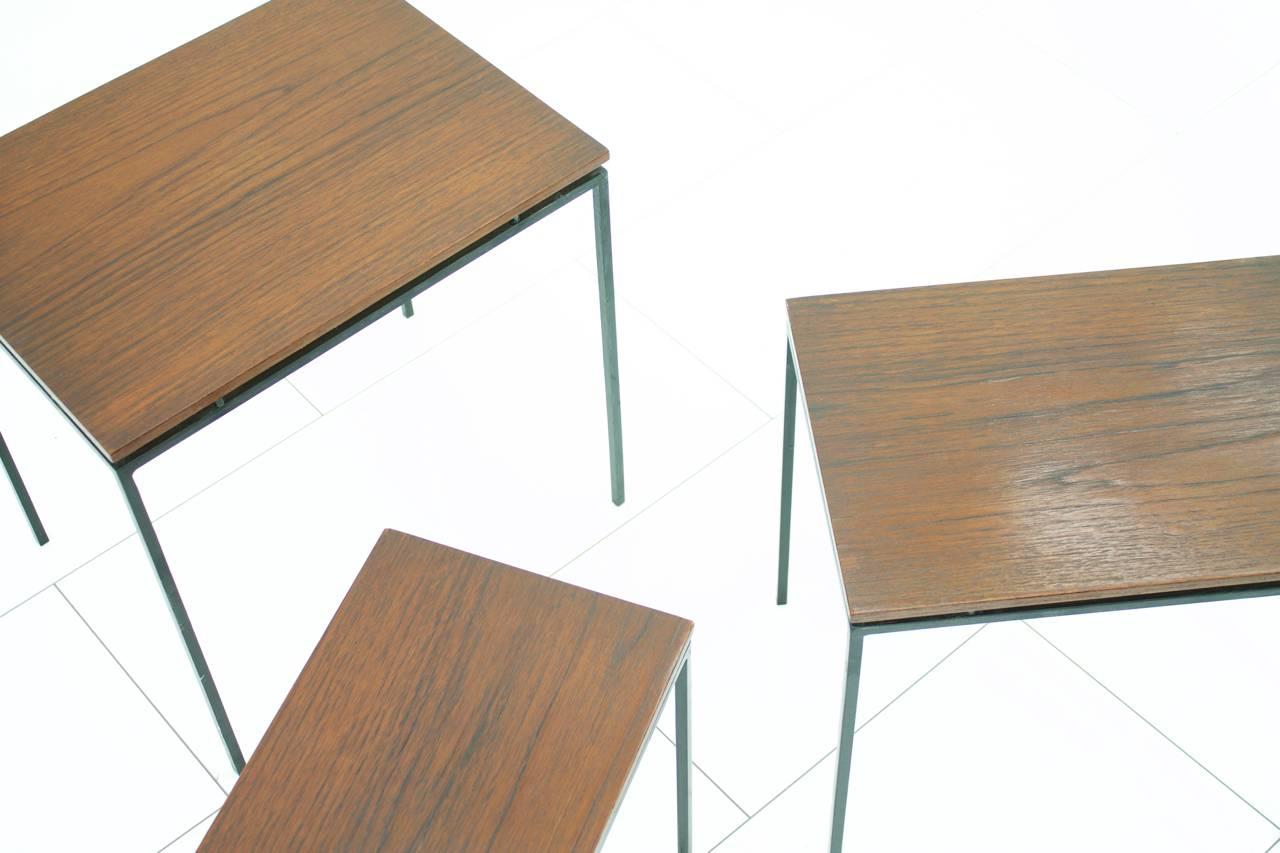 European Minimalist Nesting Tables in Solid Iron and Teak Wood, circa 1950s