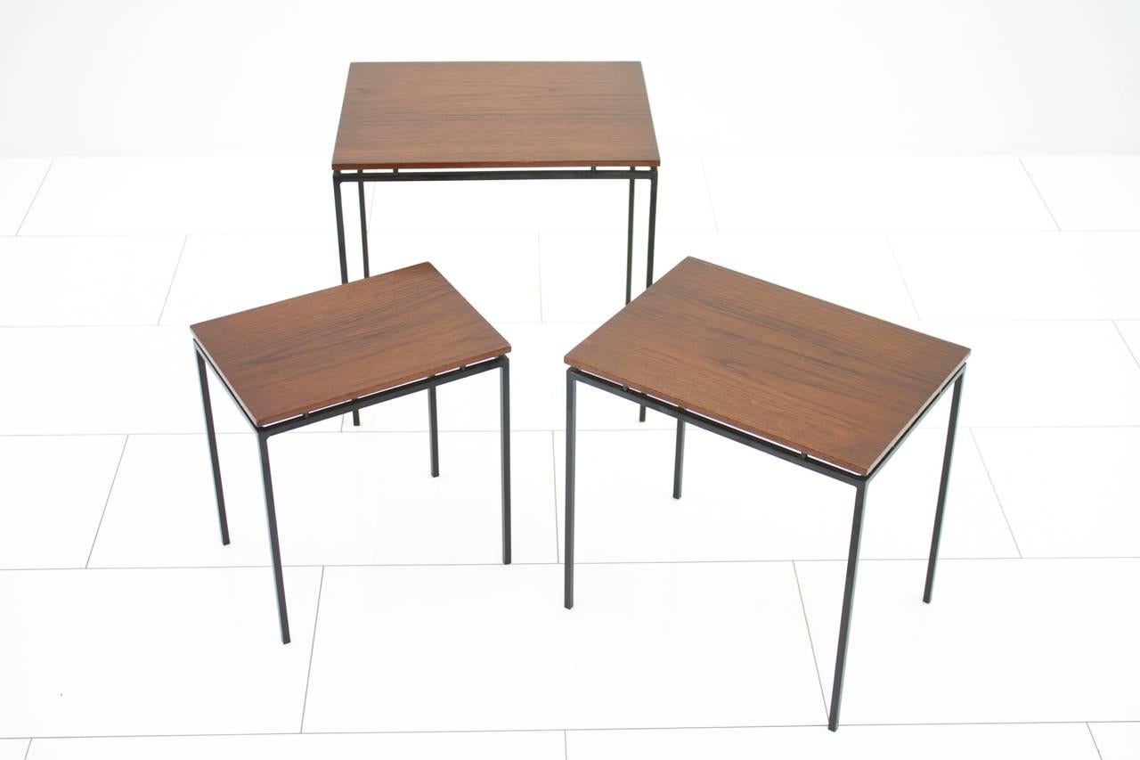 Mid-Century Modern Minimalist Nesting Tables in Solid Iron and Teak Wood, circa 1950s