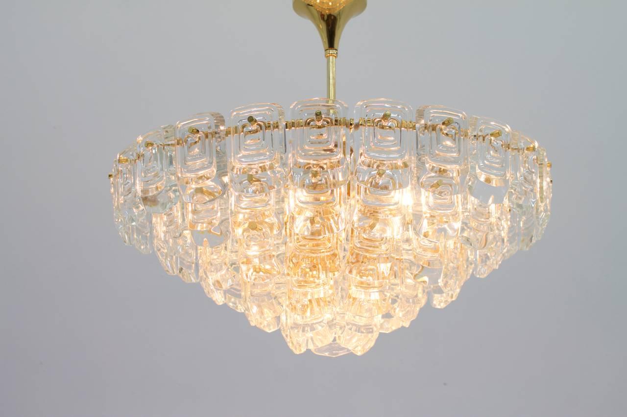 Mid-20th Century Large Five Tiers Gilded Glass Chandelier, 1960s For Sale