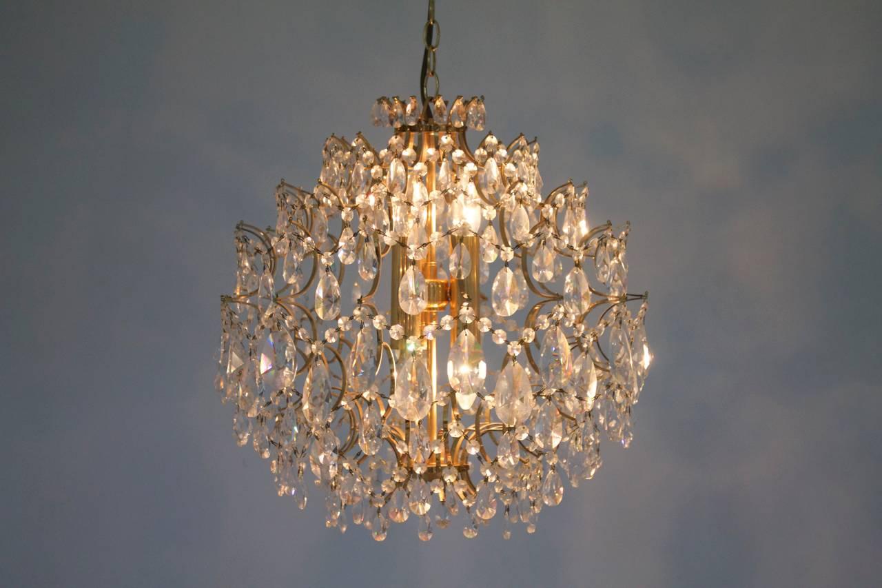 Mid-Century Modern Swarovski Crystal Glass and Gold Chandelier, 1970s For Sale