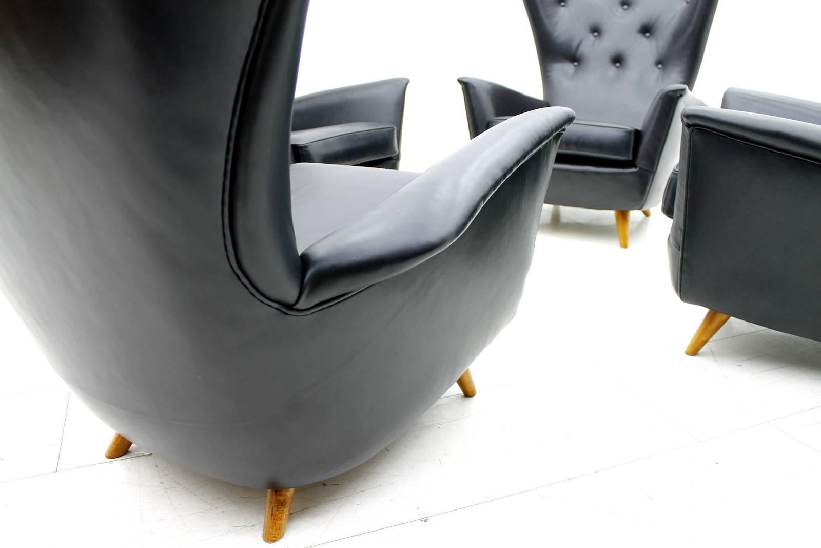 European Black Leather Wingback Lounge Chair, 1950s For Sale