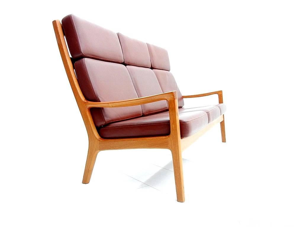 Danish Ole Wanscher High Back Teak and Leather Sofa, Denmark, 1951