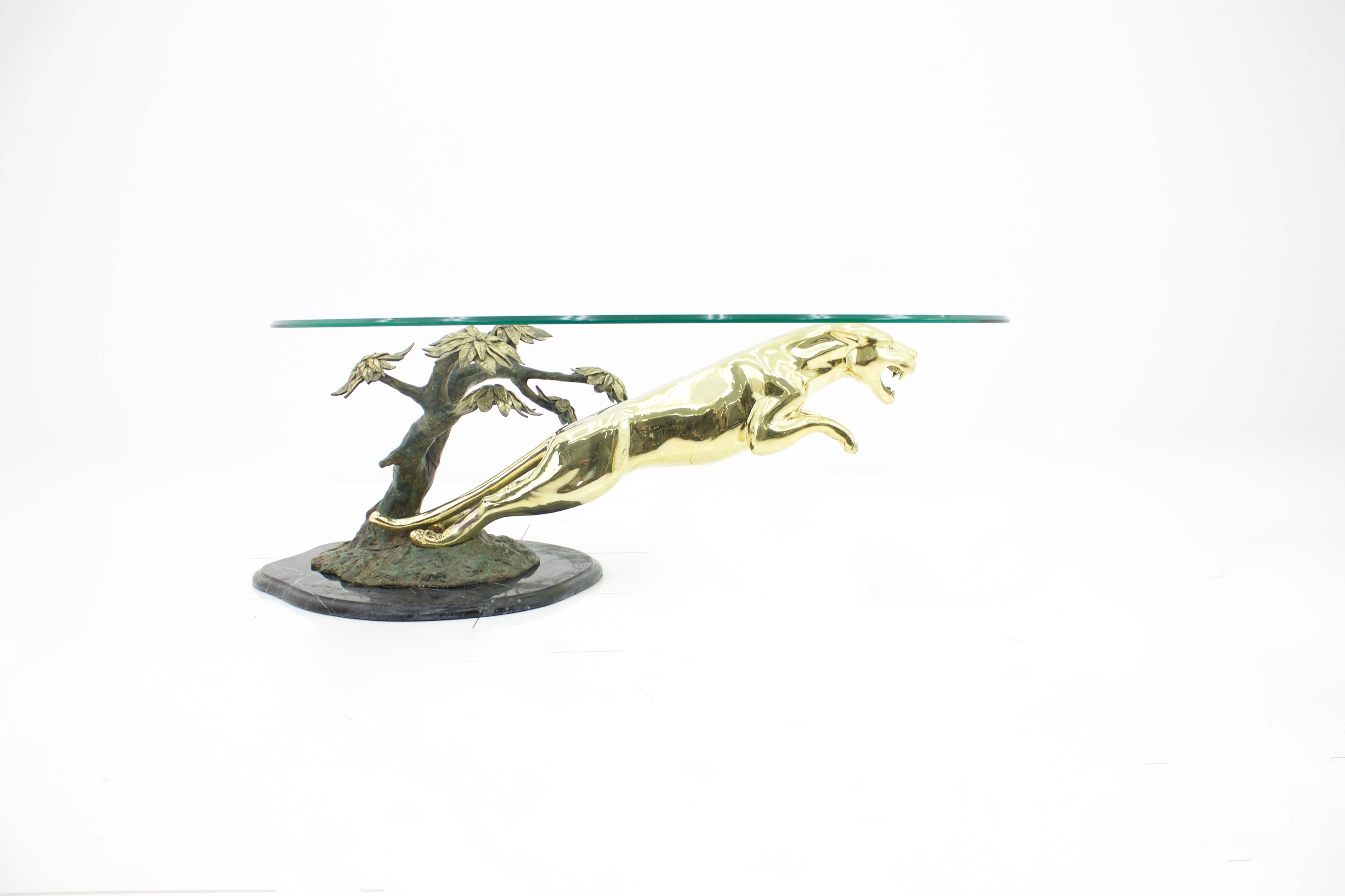 Brass and Glass Sofa Table with a Jumping Panther, France 1960s 2