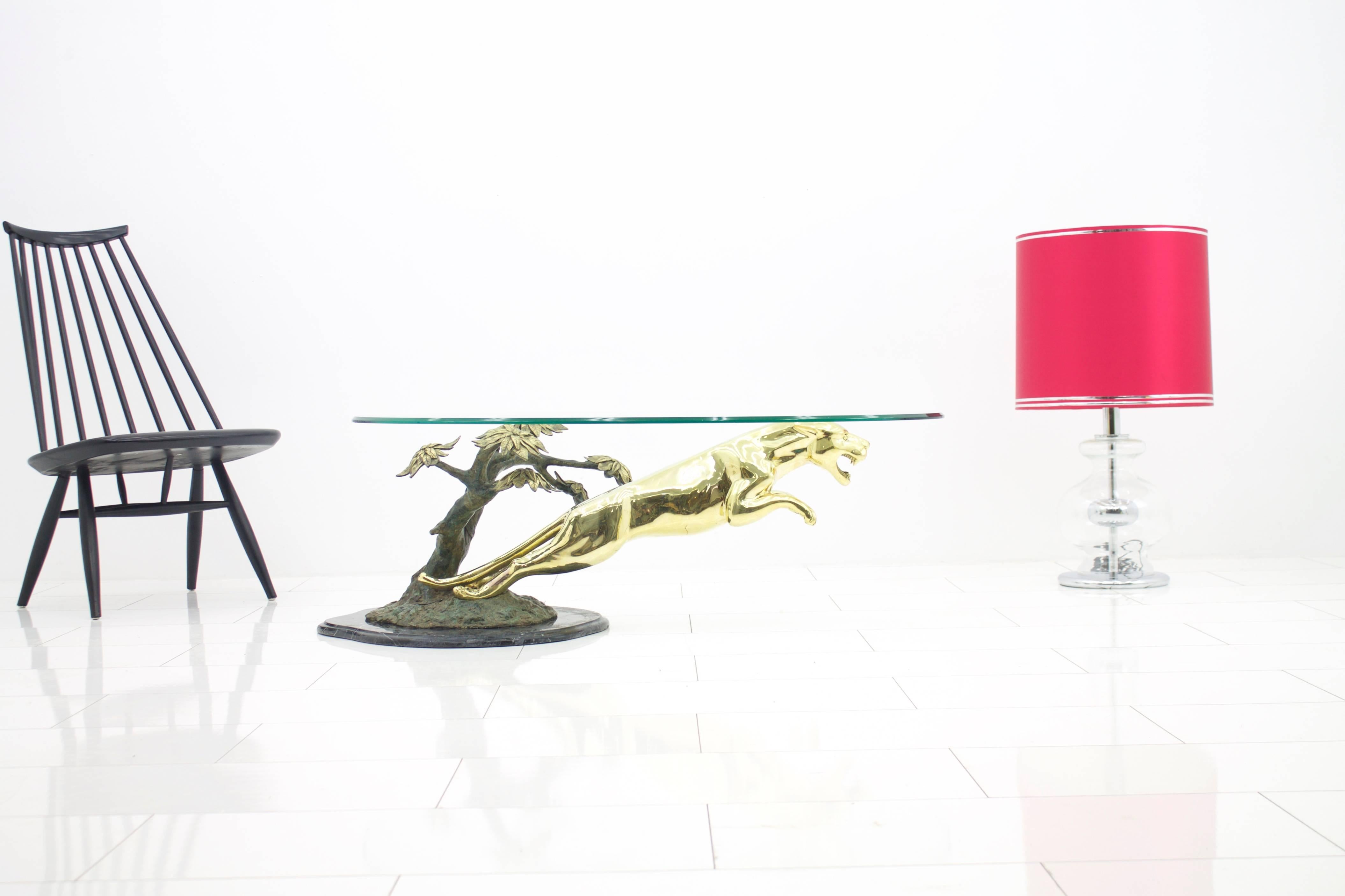 Brass and Glass Sofa Table with a Jumping Panther, France 1960s 4