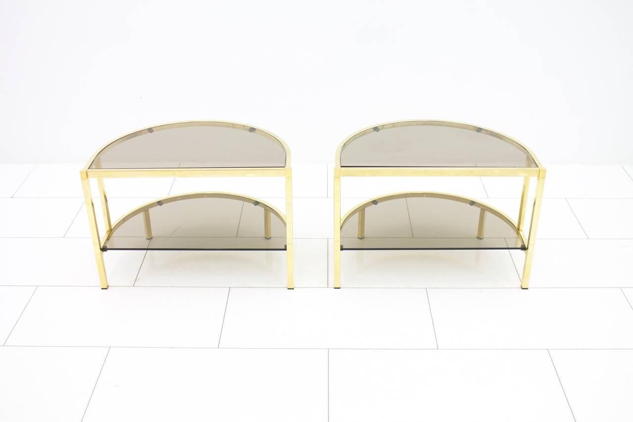 Hollywood Regency Pair of Brass and Glass Bed Side Tables, 1970s