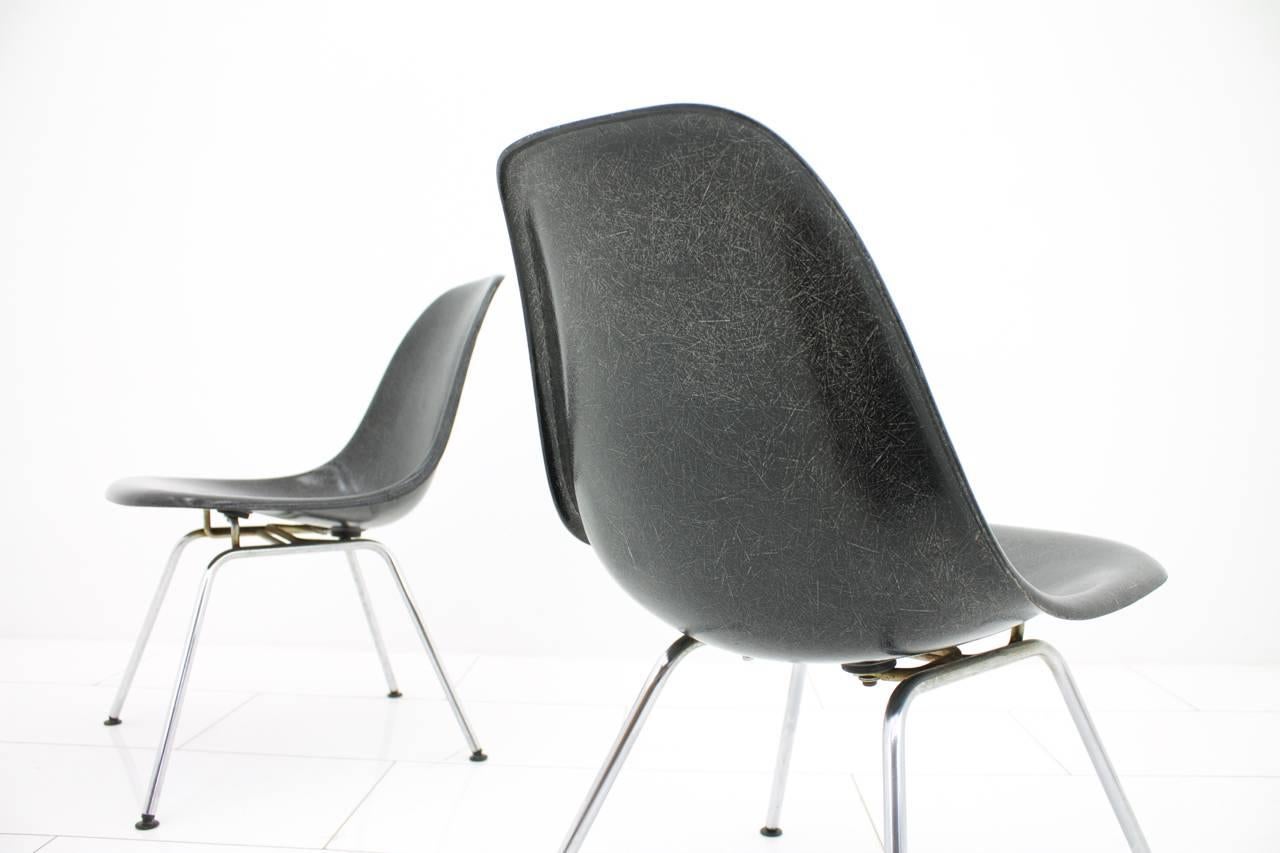 North American Pair of Black Fiberglass Side Chairs with Low H-Base by Charles & Ray Eames