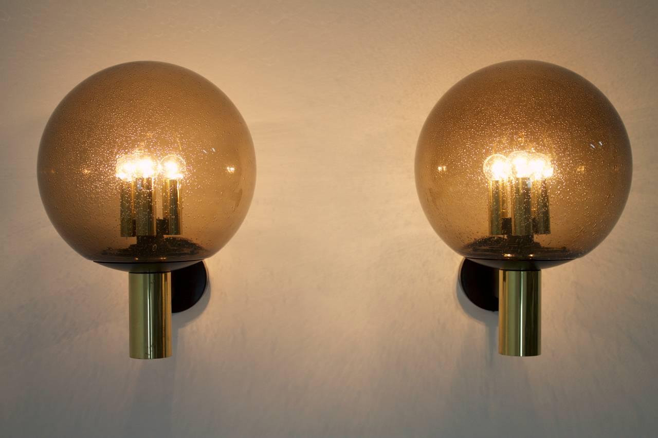 Late 20th Century Set of Four Limburg Wall Lights with Smoked Glass and Brass 1970s For Sale