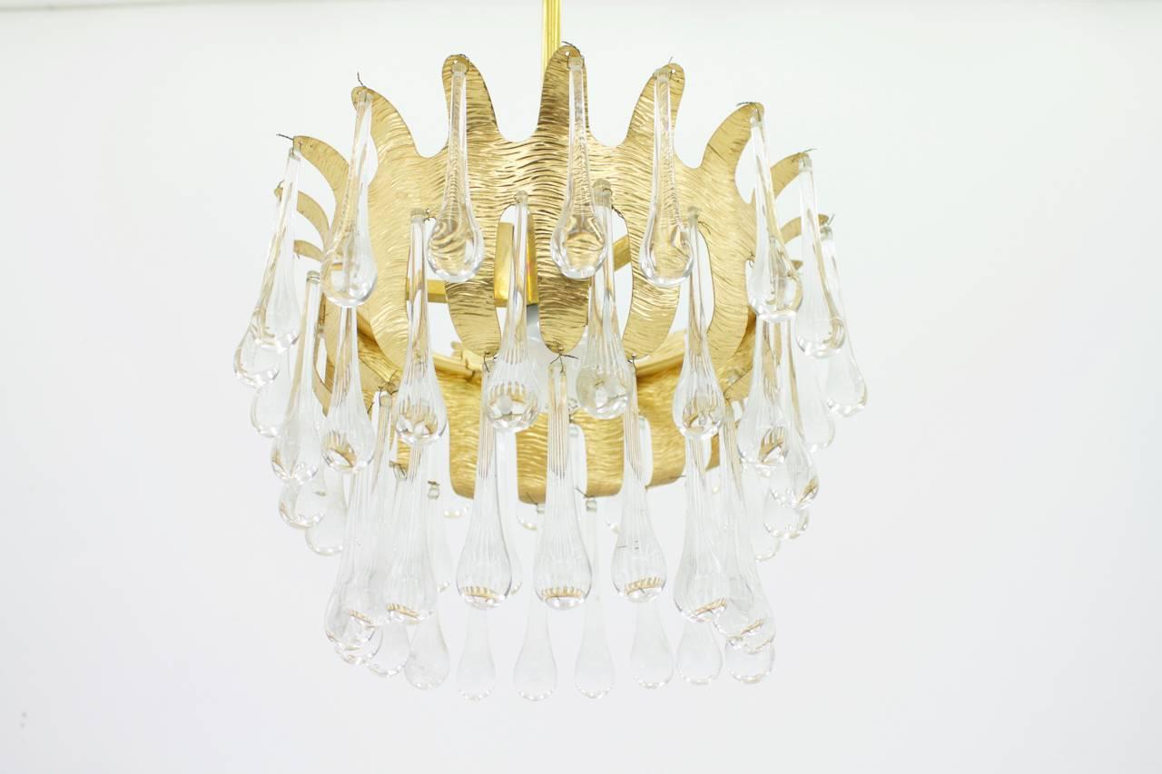 Mid-Century Modern Ernst Palme Glass and Gilded Brass Chandelier for Palme, Germany 1960s For Sale