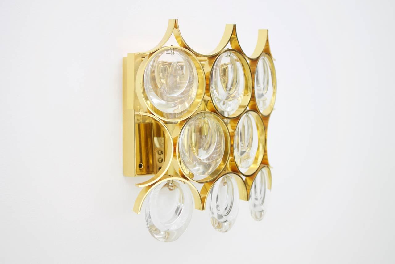 German Palwa Single Wall Sconce, Gilded Brass and Crystal Glass 1960s For Sale