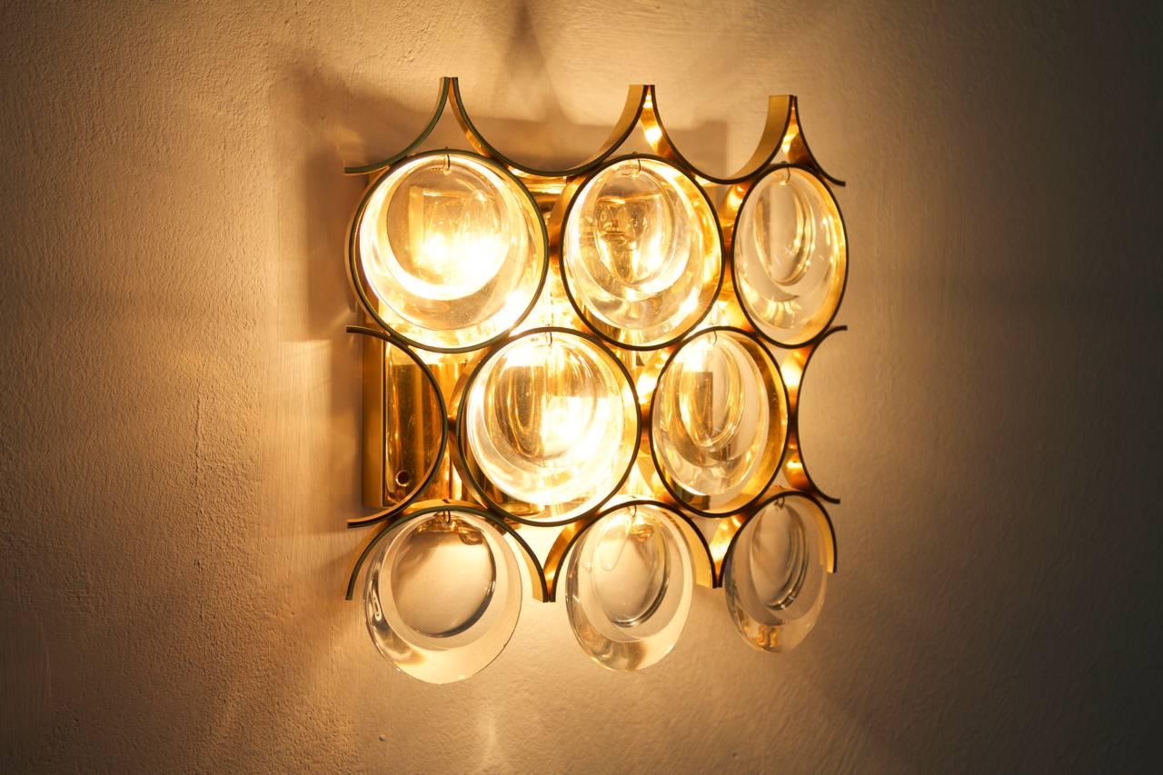 Palwa Single Wall Sconce, Gilded Brass and Crystal Glass 1960s For Sale 2