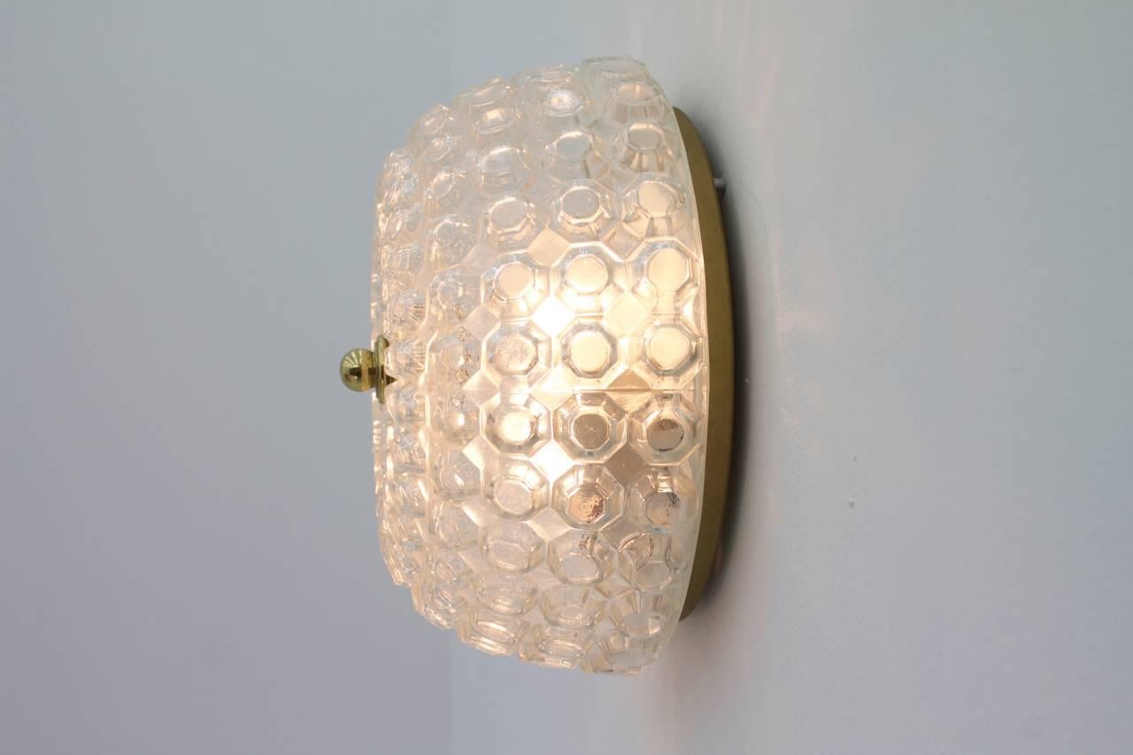 Mid-20th Century Glass and Brass Flush Mount or Wall Light by Limburg, Germany, 1960s